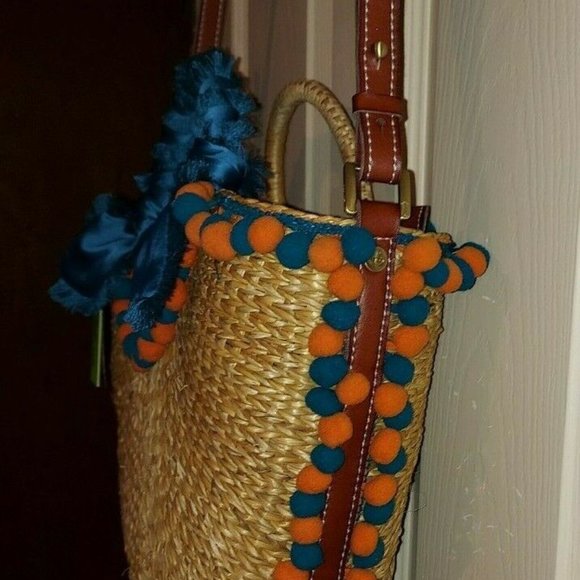 Sam Edelman Inessa Straw Bag Tote W/pompoms - Picture 4 of 7
